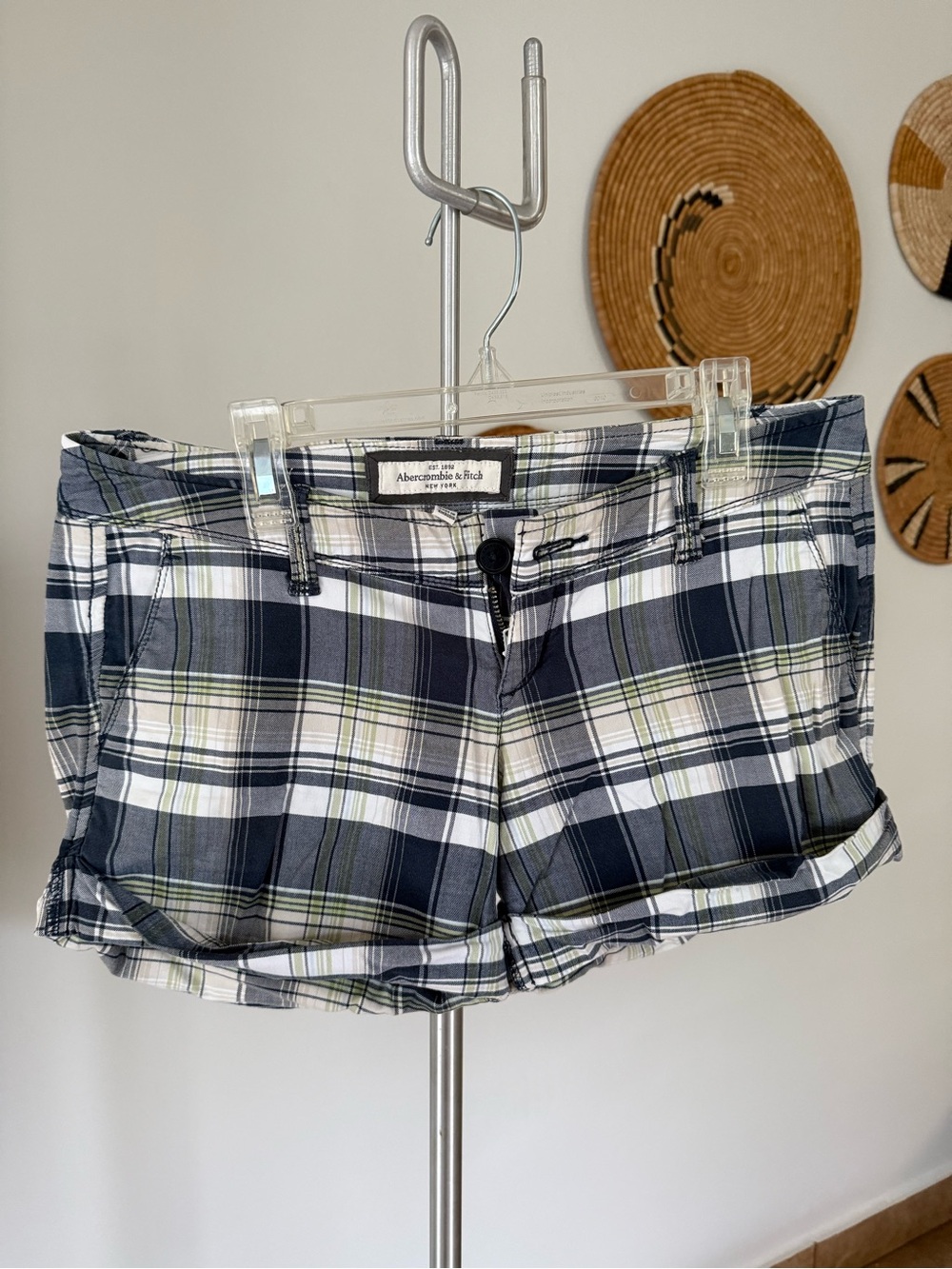 Abercrombie & Fitch Navy, White & Green Plaid Women's Low Rise Shorts